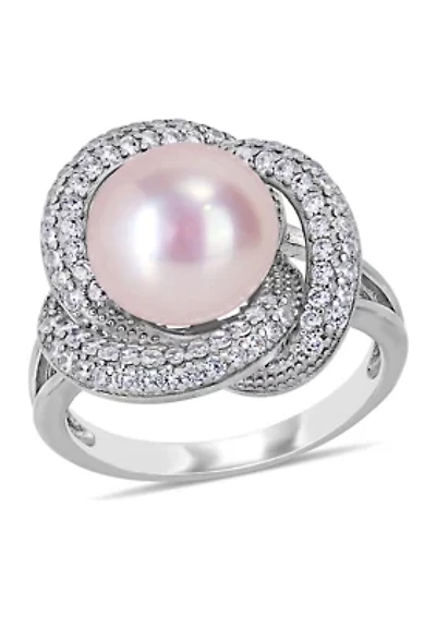10.5 -11 MM Pink Cultured Freshwater Pearl and Cubic Zirconia Interlaced Halo Ring Sterling Silver