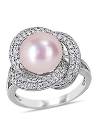 10.5 -11 MM Pink Cultured Freshwater Pearl and Cubic Zirconia Interlaced Halo Ring Sterling Silver