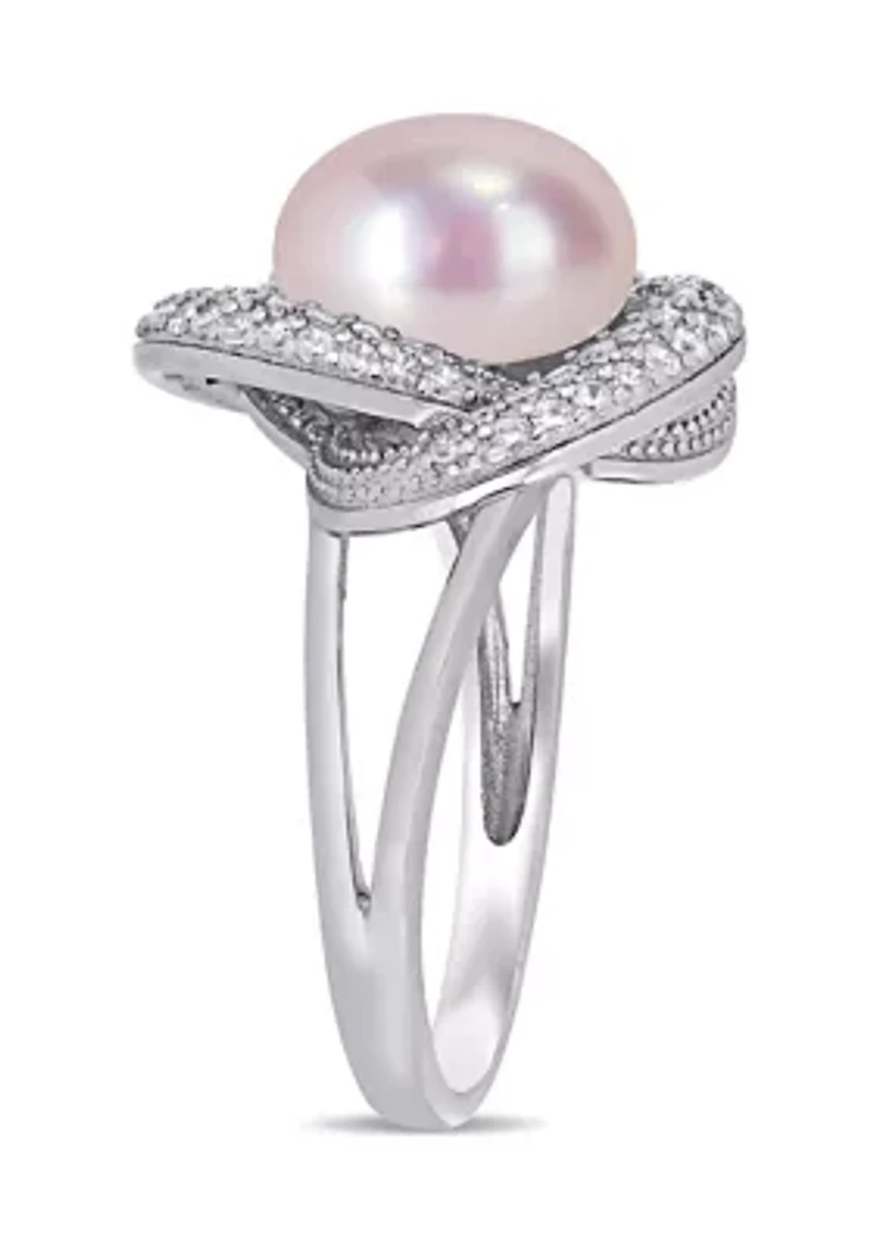 10.5 -11 MM Pink Cultured Freshwater Pearl and Cubic Zirconia Interlaced Halo Ring Sterling Silver