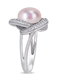 10.5 -11 MM Pink Cultured Freshwater Pearl and Cubic Zirconia Interlaced Halo Ring Sterling Silver