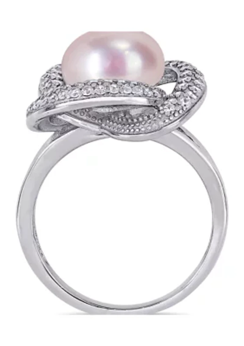 10.5 -11 MM Pink Cultured Freshwater Pearl and Cubic Zirconia Interlaced Halo Ring Sterling Silver