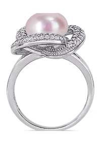 10.5 -11 MM Pink Cultured Freshwater Pearl and Cubic Zirconia Interlaced Halo Ring Sterling Silver