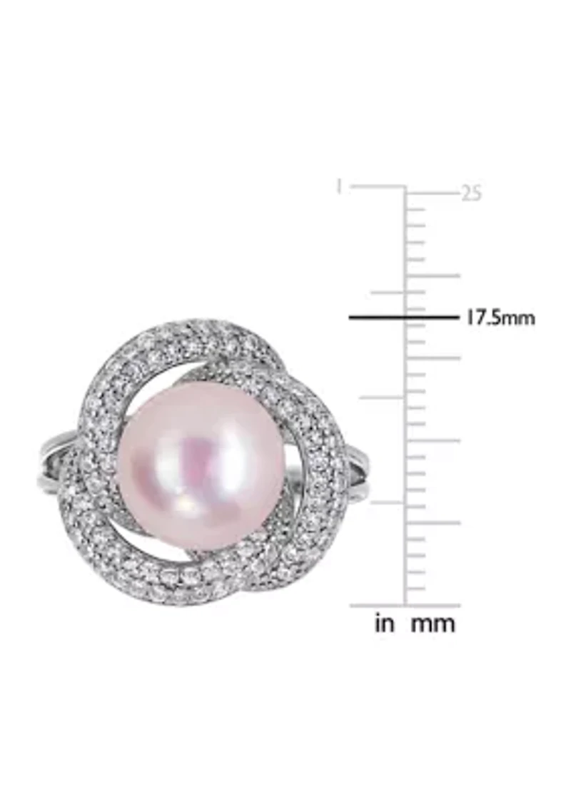 10.5 -11 MM Pink Cultured Freshwater Pearl and Cubic Zirconia Interlaced Halo Ring Sterling Silver