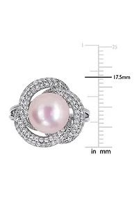 10.5 -11 MM Pink Cultured Freshwater Pearl and Cubic Zirconia Interlaced Halo Ring Sterling Silver