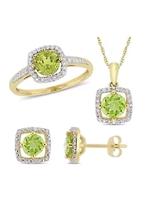 3-Piece Set 2.87 ct. t.w. Peridot and 1/3 Diamond Square Halo Necklace, Earrings Ring 10K Yellow Gold