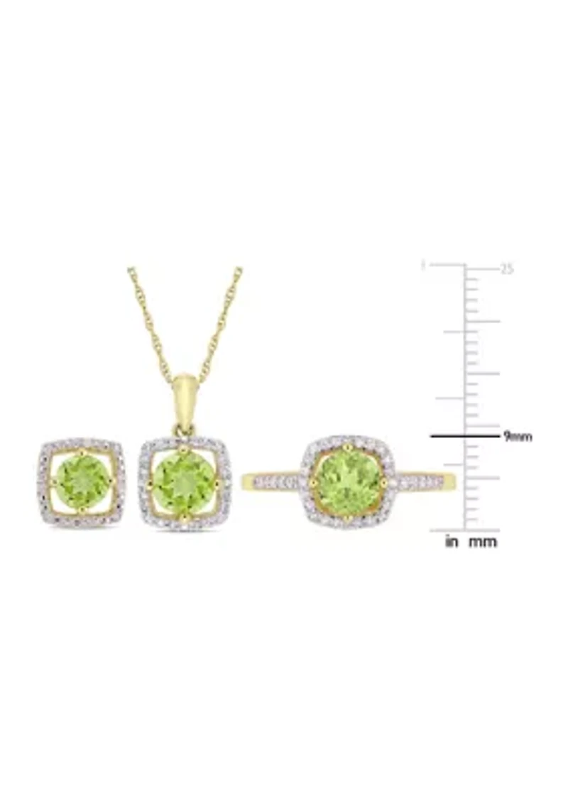 3-Piece Set 2.87 ct. t.w. Peridot and 1/3 Diamond Square Halo Necklace, Earrings Ring 10K Yellow Gold