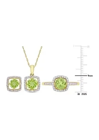 3-Piece Set 2.87 ct. t.w. Peridot and 1/3 Diamond Square Halo Necklace, Earrings Ring 10K Yellow Gold