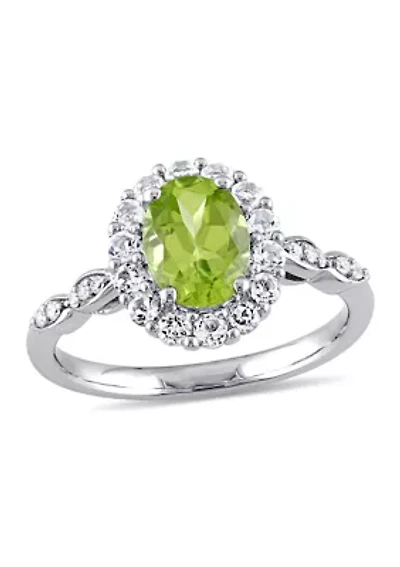 Oval Peridot, White Topaz And Diamond Accent Vintage Ring 14K Gold
