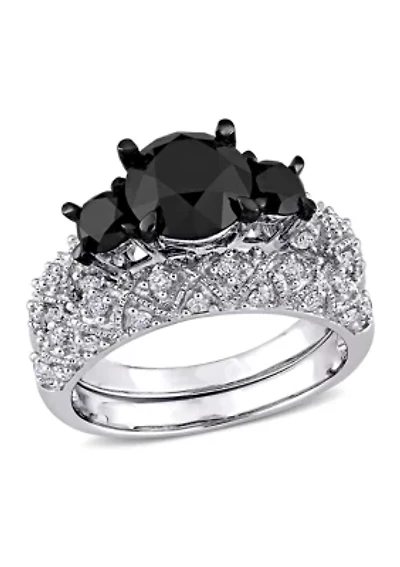 3 ct. t.w. Black and White Diamond 3-Stone Vintage Bridal Set 10k Gold