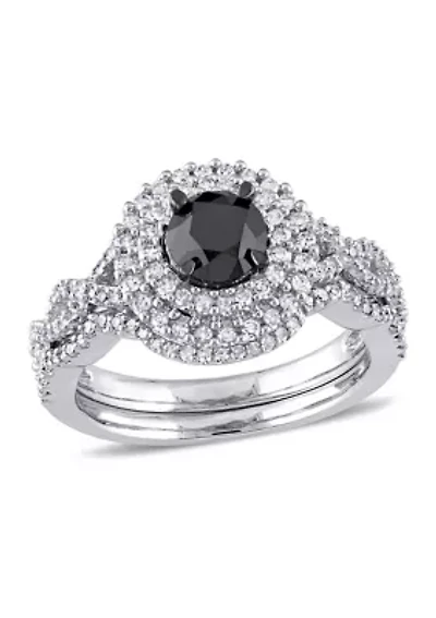 1.5 ct. t.w. Black and White Diamond Double Halo Twist Bridal Ring Set 10k Gold
