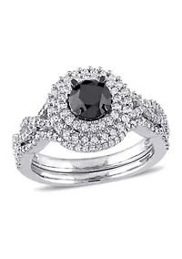 1.5 ct. t.w. Black and White Diamond Double Halo Twist Bridal Ring Set 10k Gold