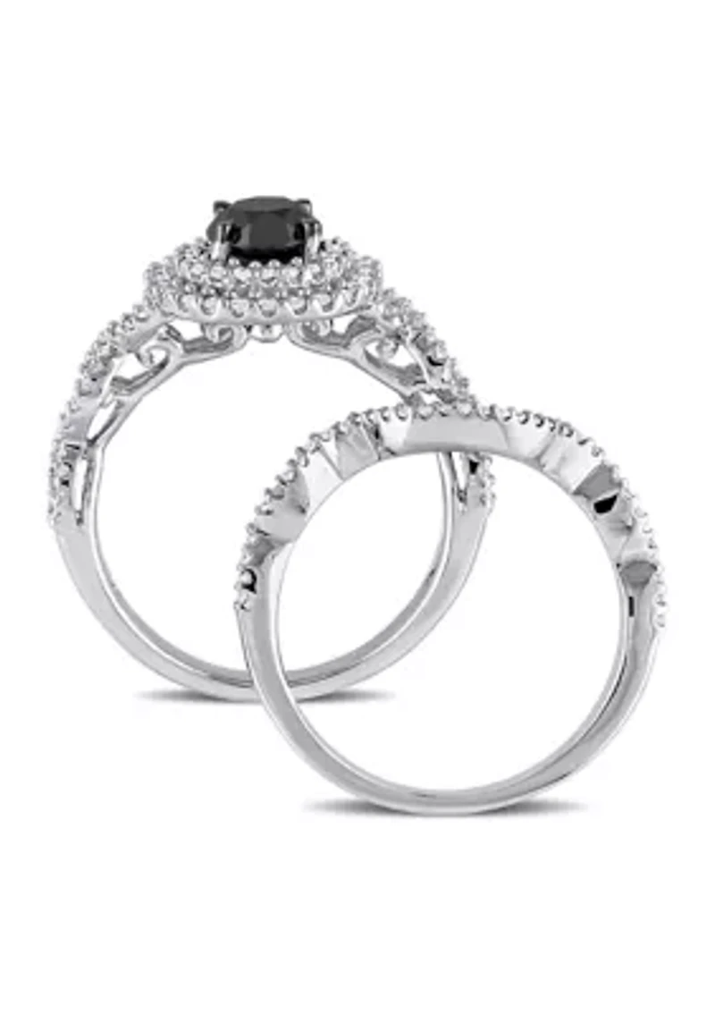 1.5 ct. t.w. Black and White Diamond Double Halo Twist Bridal Ring Set 10k Gold