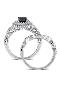 1.5 ct. t.w. Black and White Diamond Double Halo Twist Bridal Ring Set 10k Gold