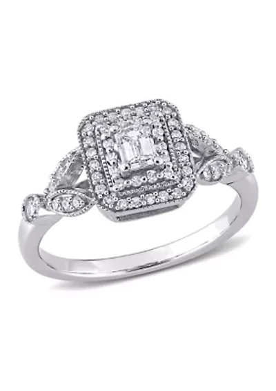 1/2 ct. t.w. Diamond Emerald Cut Halo Vintage Engagement Ring 10k White Gold