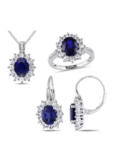 3-Piece Created Blue and White Sapphire 1/10 CT TW Diamond Necklace, Earrings Ring Set Sterling Silver