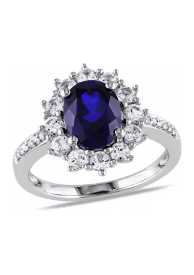 Created Blue and White Sapphire Diamond Halo Ring Sterling Silver