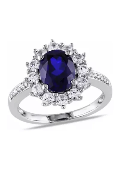 Created Blue and White Sapphire Diamond Halo Ring Sterling Silver