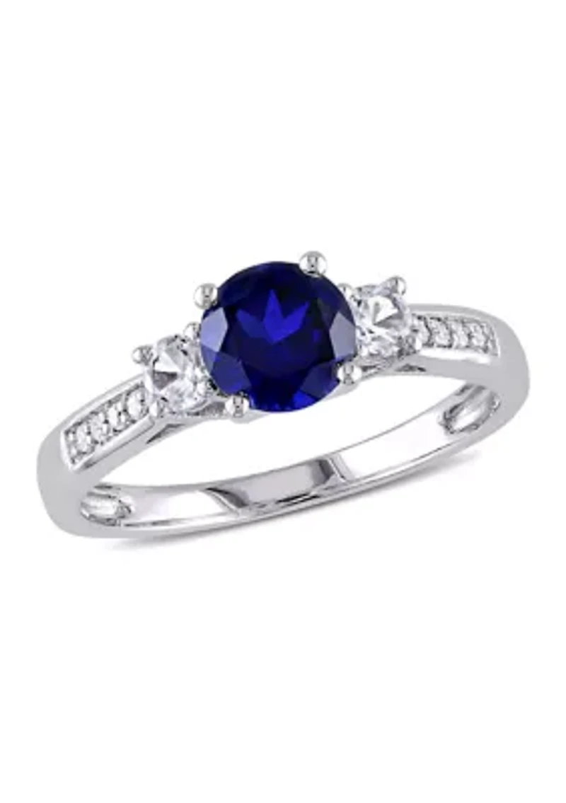 Created Blue and White Sapphire Diamond 3-Stone Ring 10k Gold