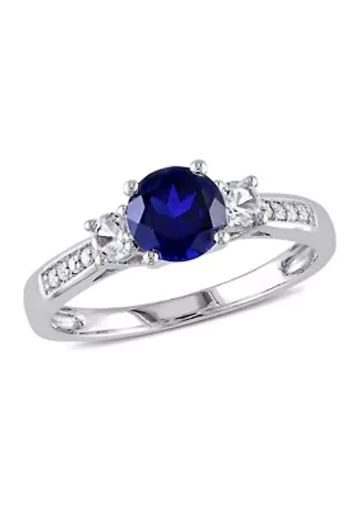 Created Blue and White Sapphire Diamond 3-Stone Ring 10k Gold