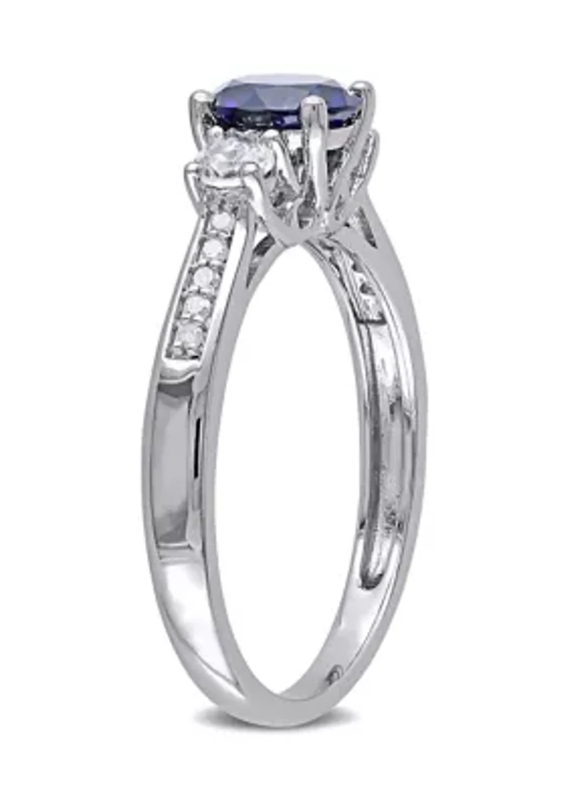 Created Blue and White Sapphire Diamond 3-Stone Ring 10k Gold