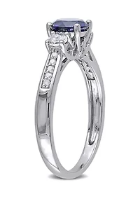 Created Blue and White Sapphire Diamond 3-Stone Ring 10k Gold