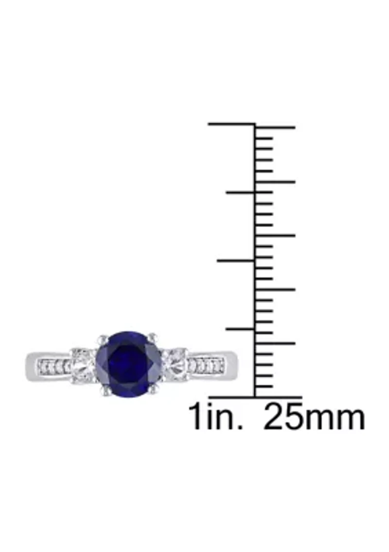 Created Blue and White Sapphire Diamond 3-Stone Ring 10k Gold