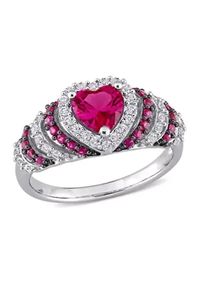 Created Ruby and White Sapphire Halo Heart Vintage Ring Sterling Silver
