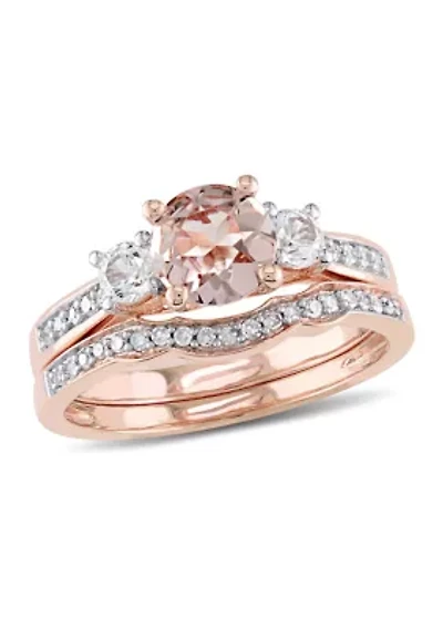 Morganite, Created White Sapphire and 1/7 ct. t.w. Diamond 3-Stone Bridal Ring Set 10k Rose Gold