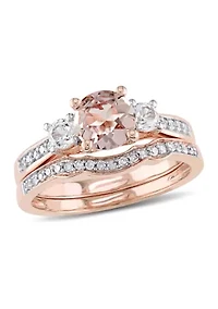 Morganite, Created White Sapphire and 1/7 ct. t.w. Diamond 3-Stone Bridal Ring Set 10k Rose Gold
