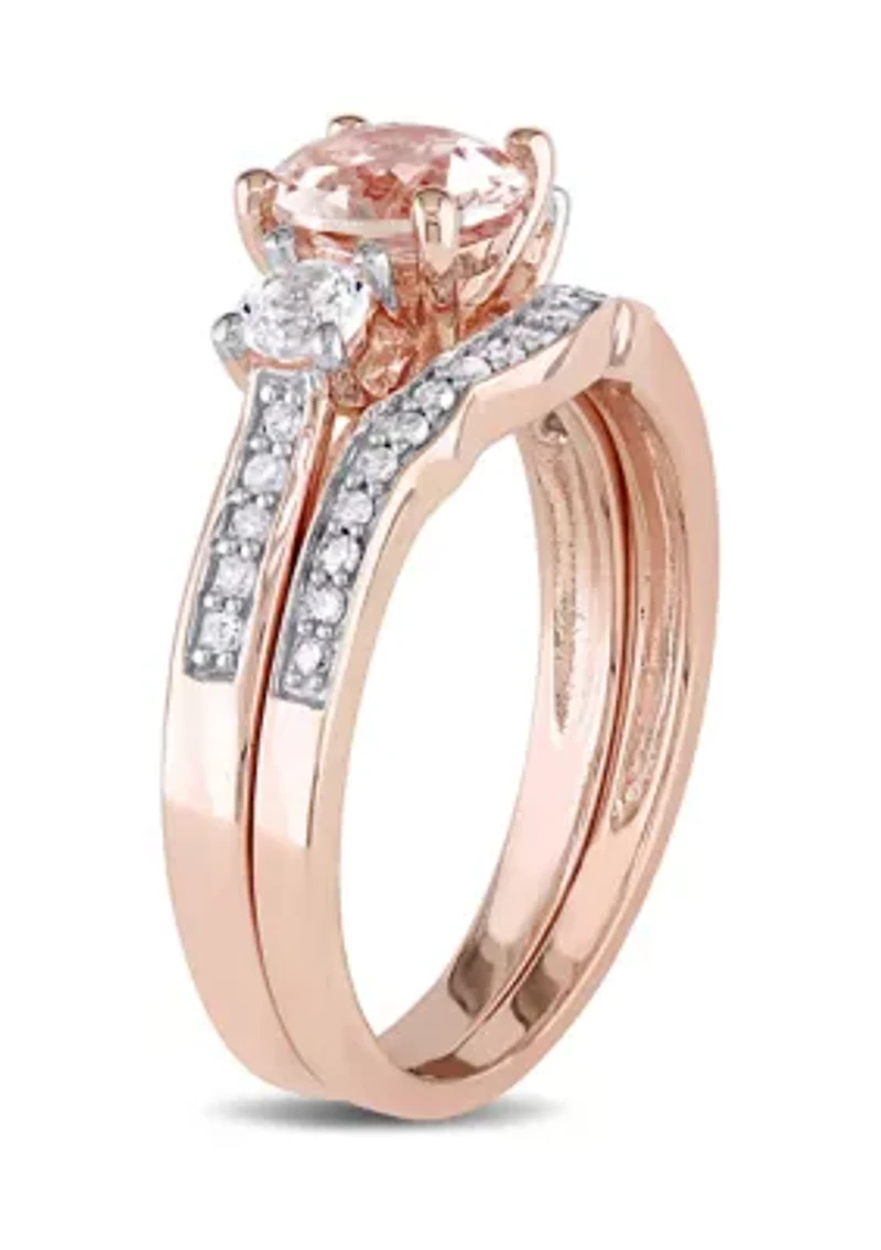 Morganite, Created White Sapphire and 1/7 ct. t.w. Diamond 3-Stone Bridal Ring Set 10k Rose Gold