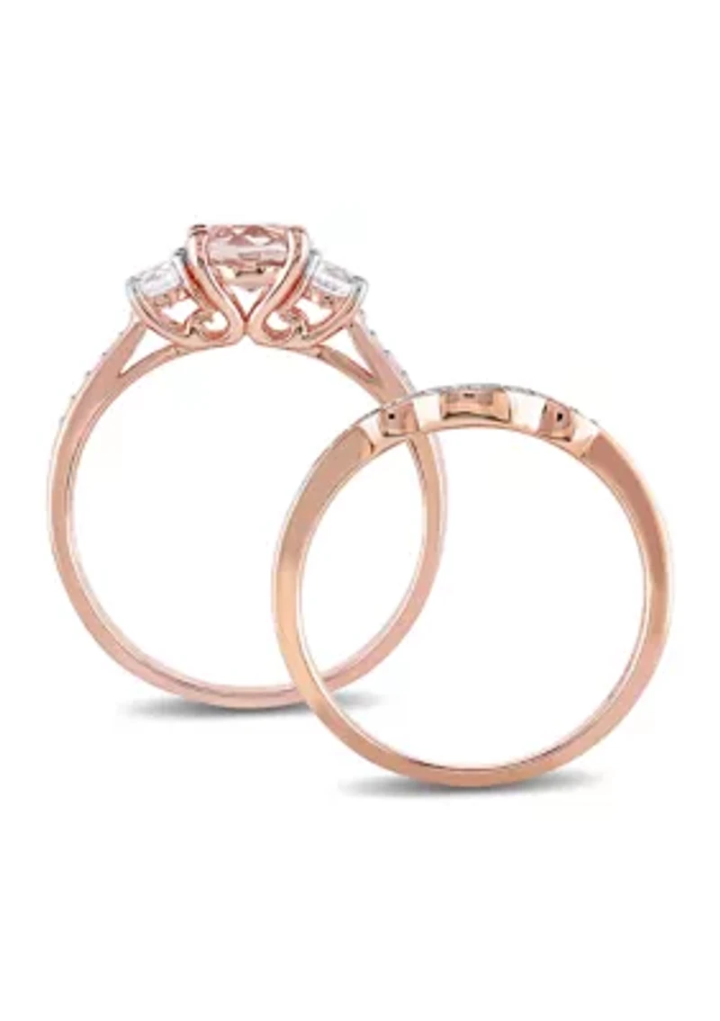 Morganite, Created White Sapphire and 1/7 ct. t.w. Diamond 3-Stone Bridal Ring Set 10k Rose Gold