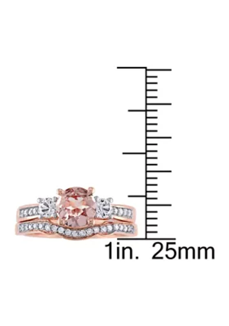 Morganite, Created White Sapphire and 1/7 ct. t.w. Diamond 3-Stone Bridal Ring Set 10k Rose Gold