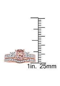 Morganite, Created White Sapphire and 1/7 ct. t.w. Diamond 3-Stone Bridal Ring Set 10k Rose Gold