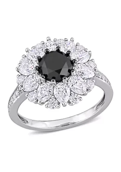 1.5 ct. t.w. Black Diamond and 3.37 Created Moissanite Floral Ring 10K White Gold