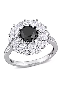 1.5 ct. t.w. Black Diamond and 3.37 Created Moissanite Floral Ring 10K White Gold