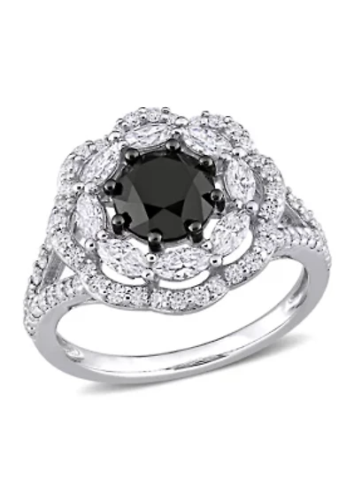 1.7 ct. t.w. Created Moissanite and 1.5 Black Diamond Flower Ring 10K White Gold
