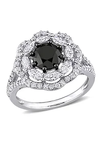 1.7 ct. t.w. Created Moissanite and 1.5 Black Diamond Flower Ring 10K White Gold
