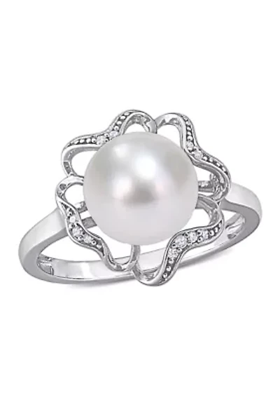9.5 Millimeter Freshwater Cultured Pearl and 1/10 ct. t.w. Diamond-Accent Floral Cocktail Ring Sterling Silver