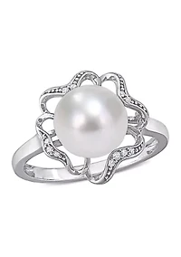 9.5 Millimeter Freshwater Cultured Pearl and 1/10 ct. t.w. Diamond-Accent Floral Cocktail Ring Sterling Silver