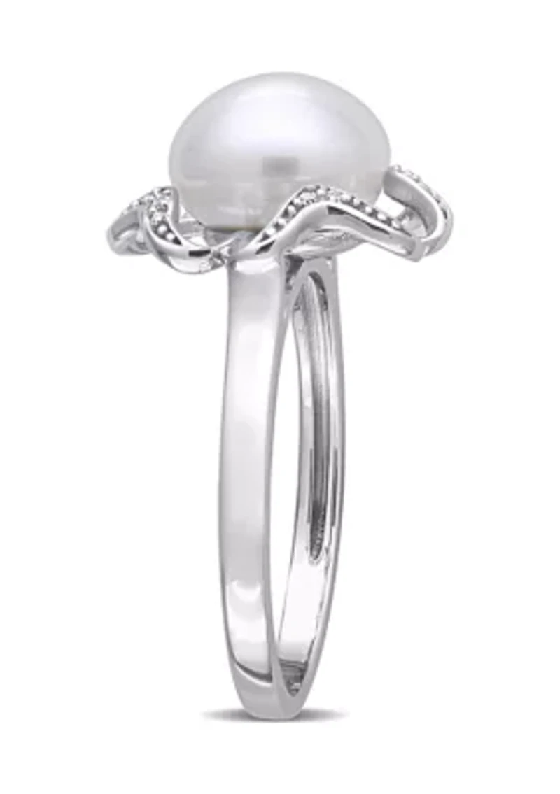9.5 Millimeter Freshwater Cultured Pearl and 1/10 ct. t.w. Diamond-Accent Floral Cocktail Ring Sterling Silver
