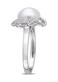 9.5 Millimeter Freshwater Cultured Pearl and 1/10 ct. t.w. Diamond-Accent Floral Cocktail Ring Sterling Silver