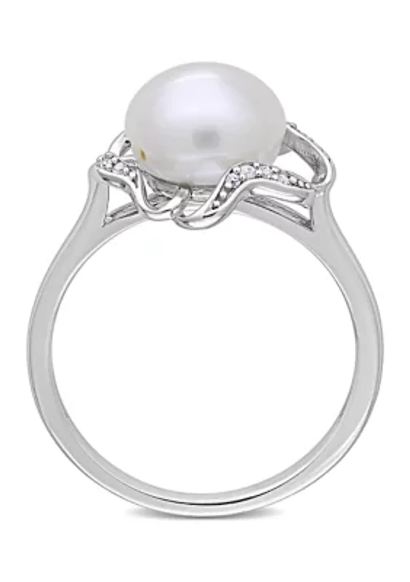 9.5 Millimeter Freshwater Cultured Pearl and 1/10 ct. t.w. Diamond-Accent Floral Cocktail Ring Sterling Silver