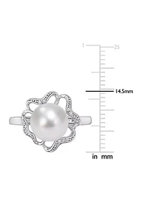 9.5 Millimeter Freshwater Cultured Pearl and 1/10 ct. t.w. Diamond-Accent Floral Cocktail Ring Sterling Silver