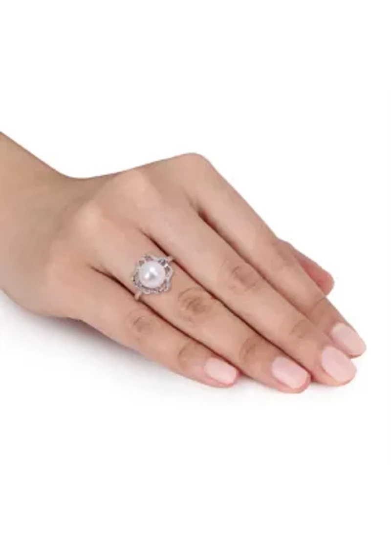 9.5 Millimeter Freshwater Cultured Pearl and 1/10 ct. t.w. Diamond-Accent Floral Cocktail Ring Sterling Silver