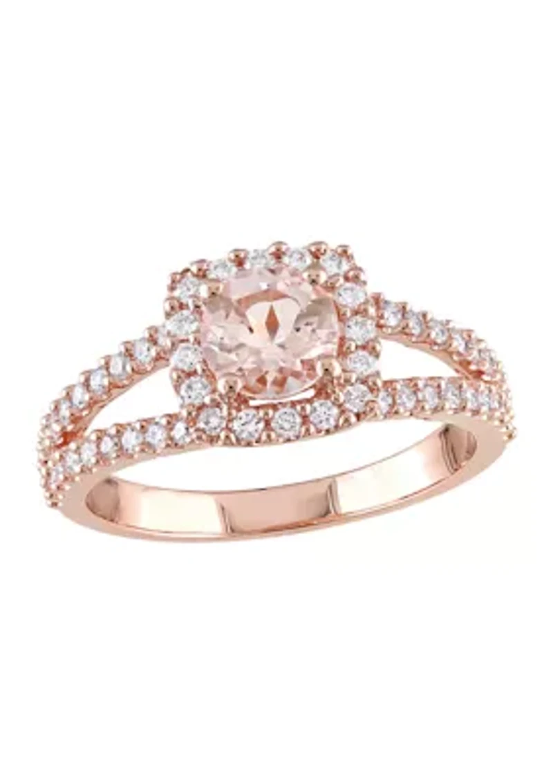 3/4 ct. t.w. Morganite and 1/2 Diamond Halo Split Shank Engagement Ring 14k Rose Gold
