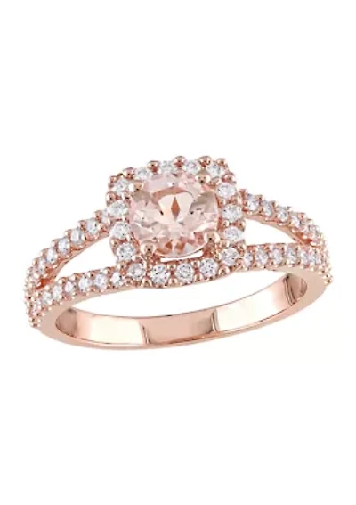 3/4 ct. t.w. Morganite and 1/2 Diamond Halo Split Shank Engagement Ring 14k Rose Gold