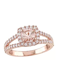 3/4 ct. t.w. Morganite and 1/2 Diamond Halo Split Shank Engagement Ring 14k Rose Gold