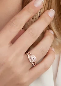 3/4 ct. t.w. Morganite and 1/2 Diamond Halo Split Shank Engagement Ring 14k Rose Gold