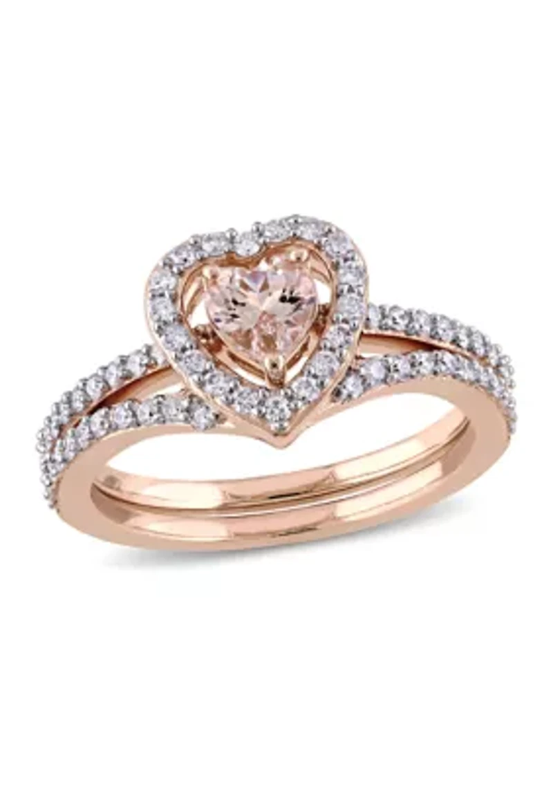 1/2 ct. t.w. Morganite and Diamond Halo Interlocking Bridal Ring Set 10k Rose Gold