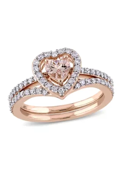1/2 ct. t.w. Morganite and Diamond Halo Interlocking Bridal Ring Set 10k Rose Gold